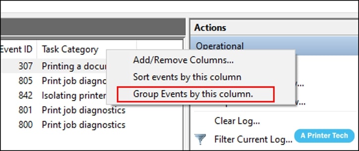 For your easier and easy to see the print category, make it sort, then you can group your print log by the group, making it easy to split up the “Printing a Document” events into their group. Right-click on the “Task Category” going and after this click on the “Group Events by this column” pin.
